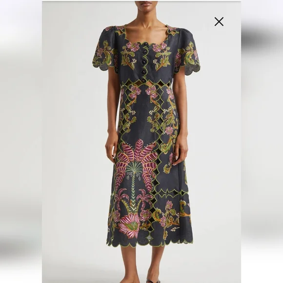 Farm Rio linen midi dress with embroidery NWT Sz XS - Picture 2 of 8